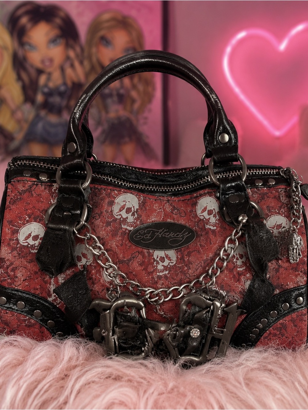 Ed Hardy Red Skull-Print Satchel with Gunmetal Chain & Black Trim